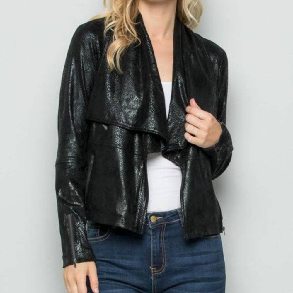See And Be Seen Faux Snakeskin Leather Moto Jacket. Size M